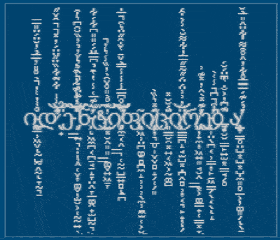 Gibberish text forming a cross shape on a blue background.