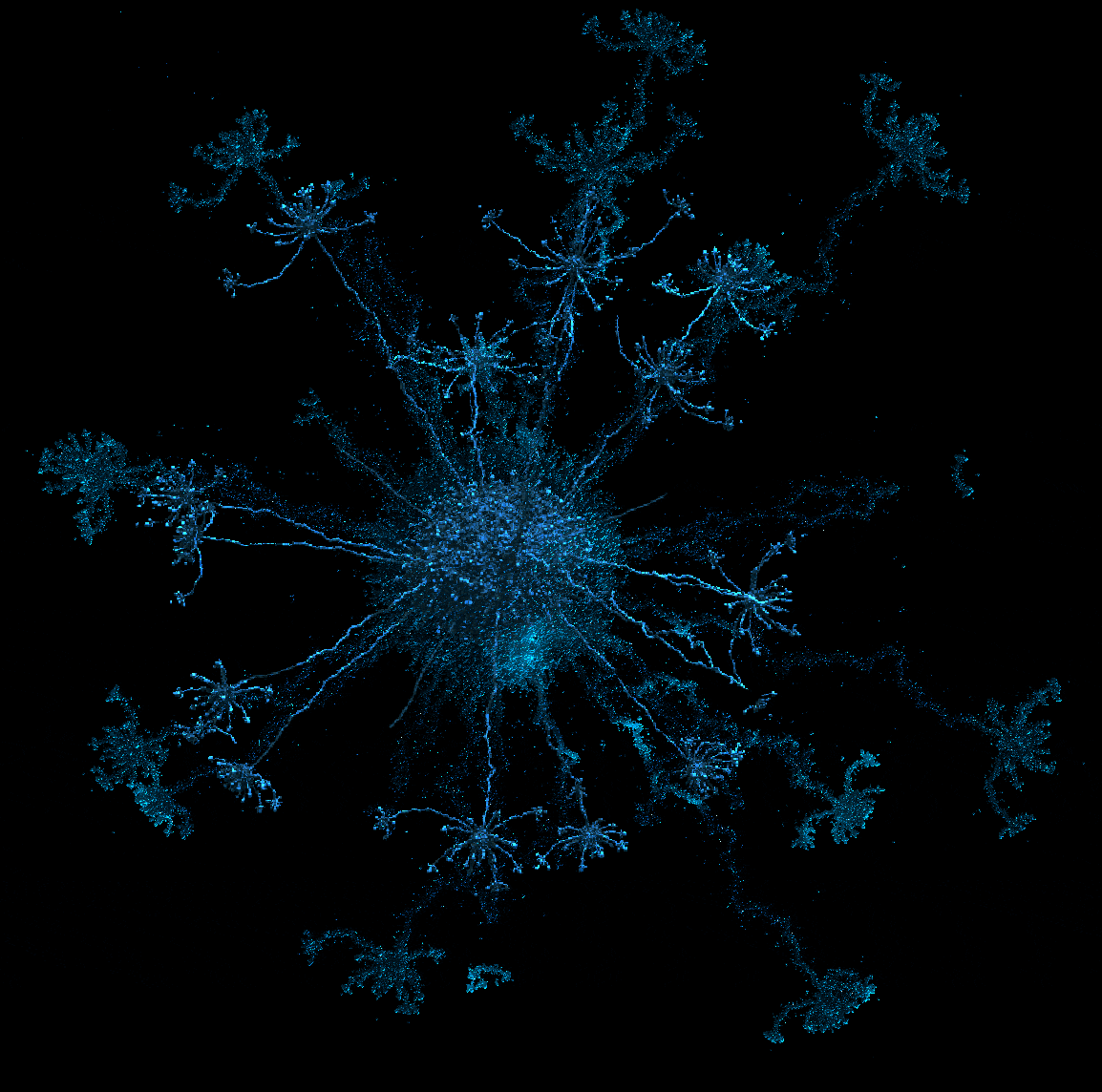 A glowing blue fractal star-shaped spell structure floating in black space.