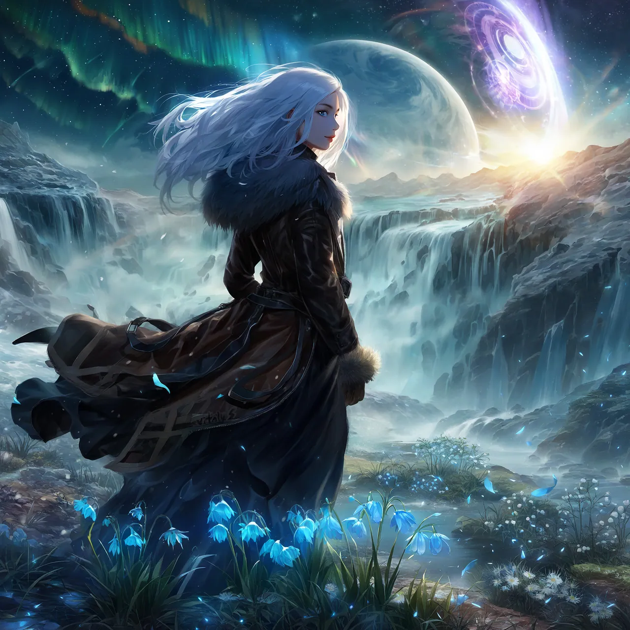 Delta in a dark coat stands among blue flowers before a cosmic waterfall and aurora.