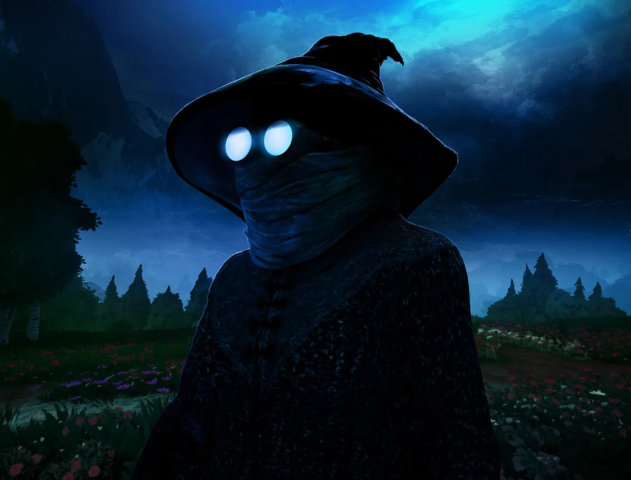 Great-Aunt Delta in a dark spotted robe and mirror goggles stands in a blue twilight meadow.