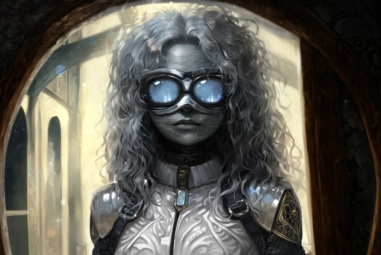 Delta in a white spacesuit and goggles stands in a bright, arched doorway.