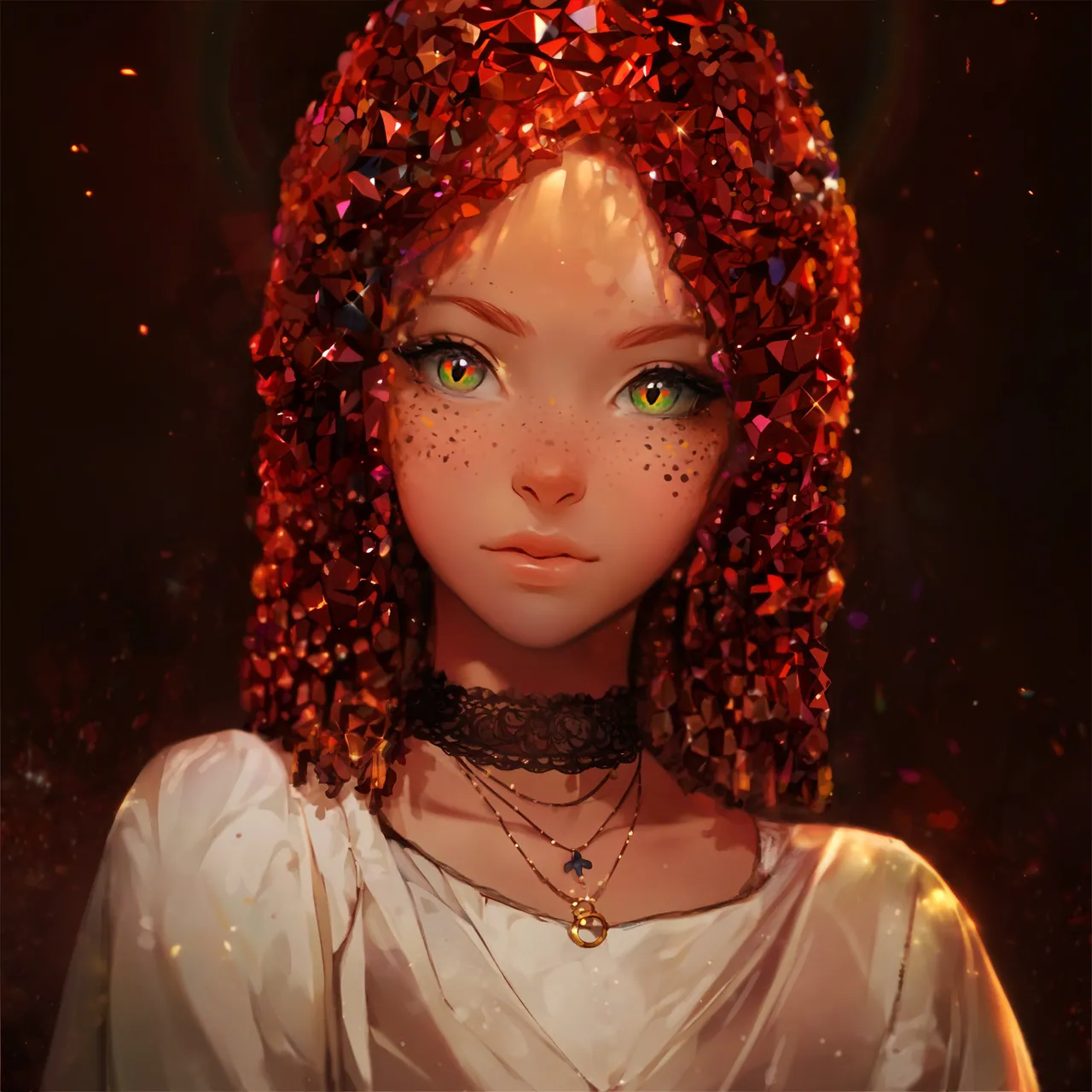 Kliss with crystalline ruby hair and green eyes gazes forward in a white dress.