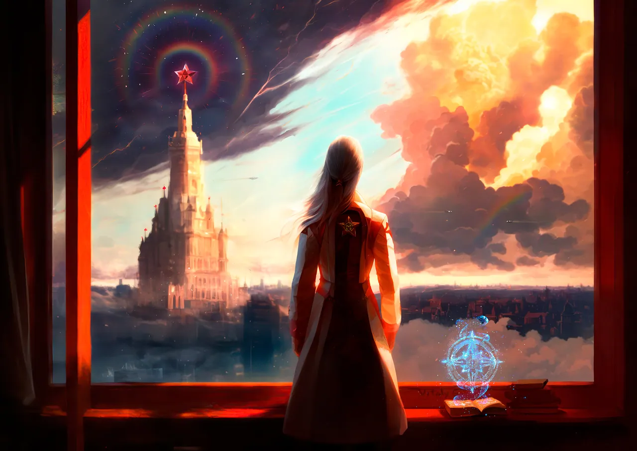 Dante looks out a window at a Stalinist skyscraper topped with a red star.