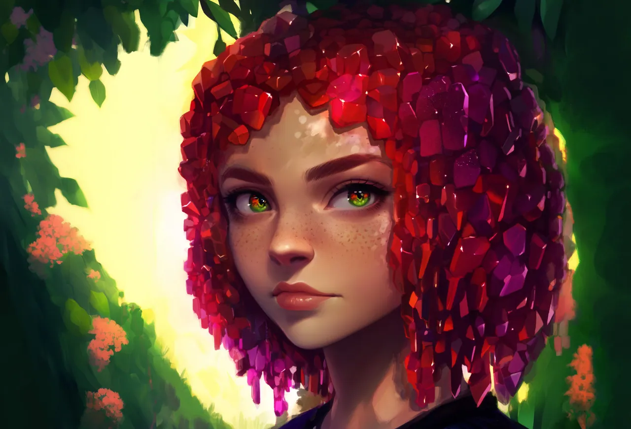 Kliss with crystalline red hair and green eyes looks forward in a sunlit forest.
