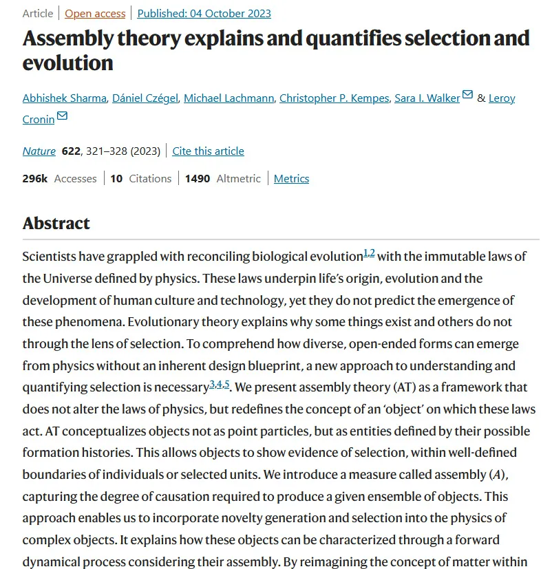 A screenshot of a scientific article titled 'Assembly theory explains and quantifies selection and evolution' on a white