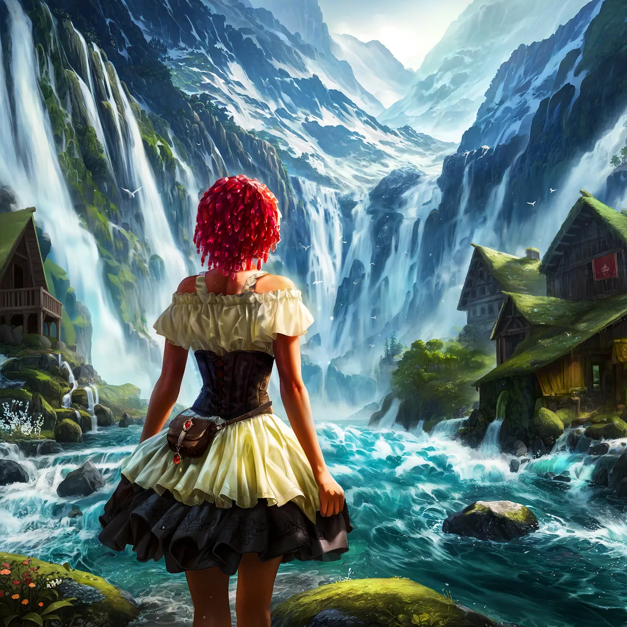 Kliss stands with her back to the viewer, gazing at a massive mountain waterfall and river rapids.