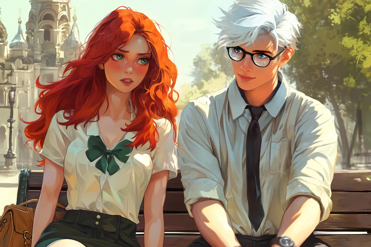 Kliss and Slava sit on a park bench in school uniforms under bright sunlight.