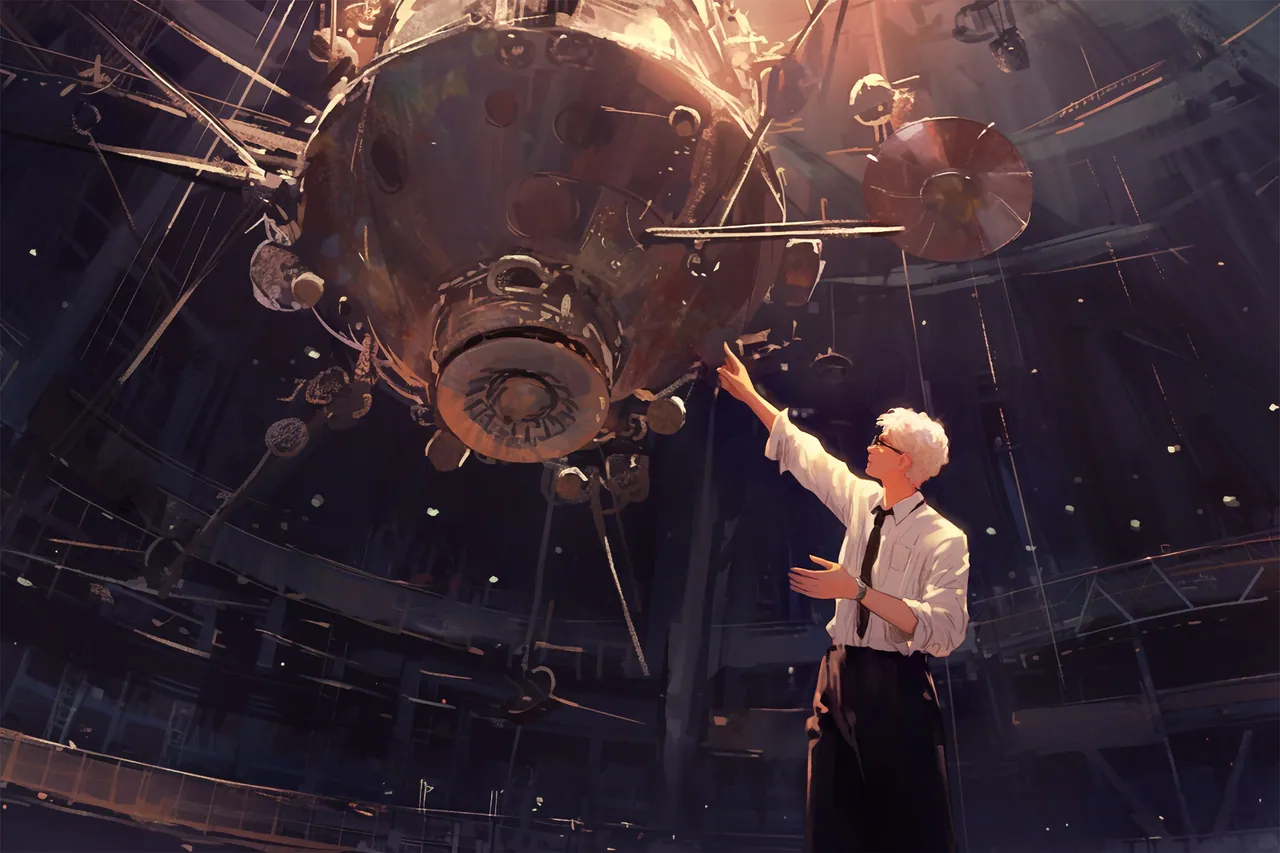 Slava stands beneath a suspended Soviet Vostok capsule in a dim museum hall, pointing upward.