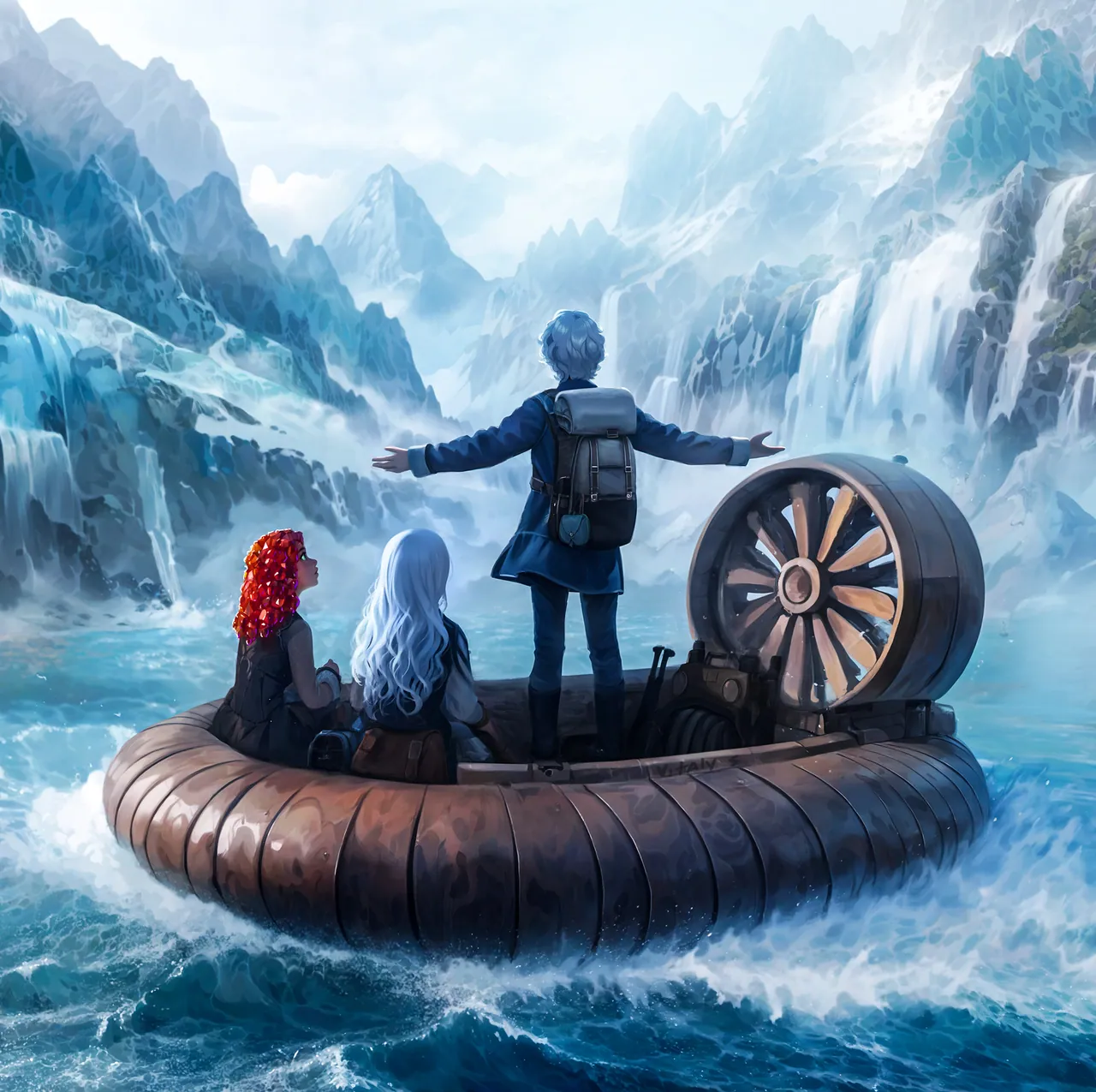 Dante, Delta, and Kliss ride a hovercraft through a misty blue mountain valley.