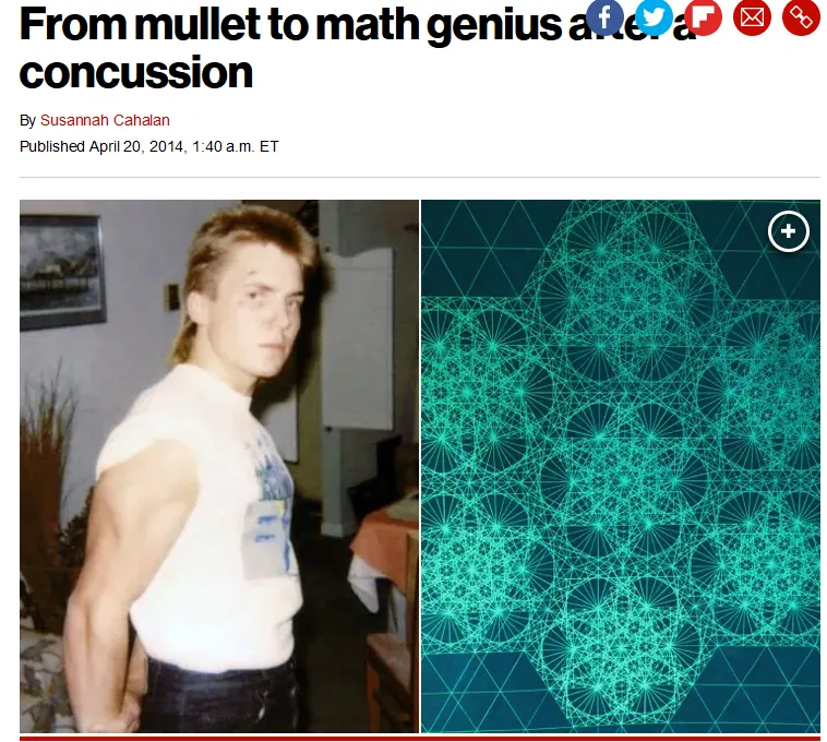 A split image showing a young man with a mullet and a complex green geometric drawing.
