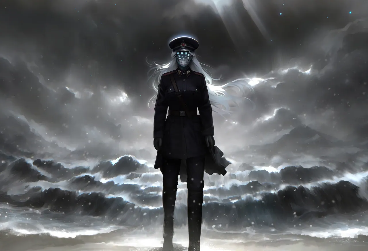 Sasha in a Soviet uniform stands on icy waves under a stormy sky.