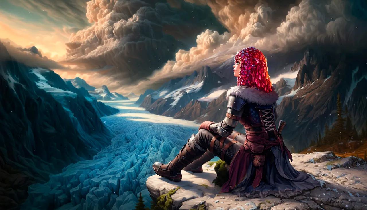 Kliss sits on a snowy cliff edge, gazing at a vast glacier valley below.