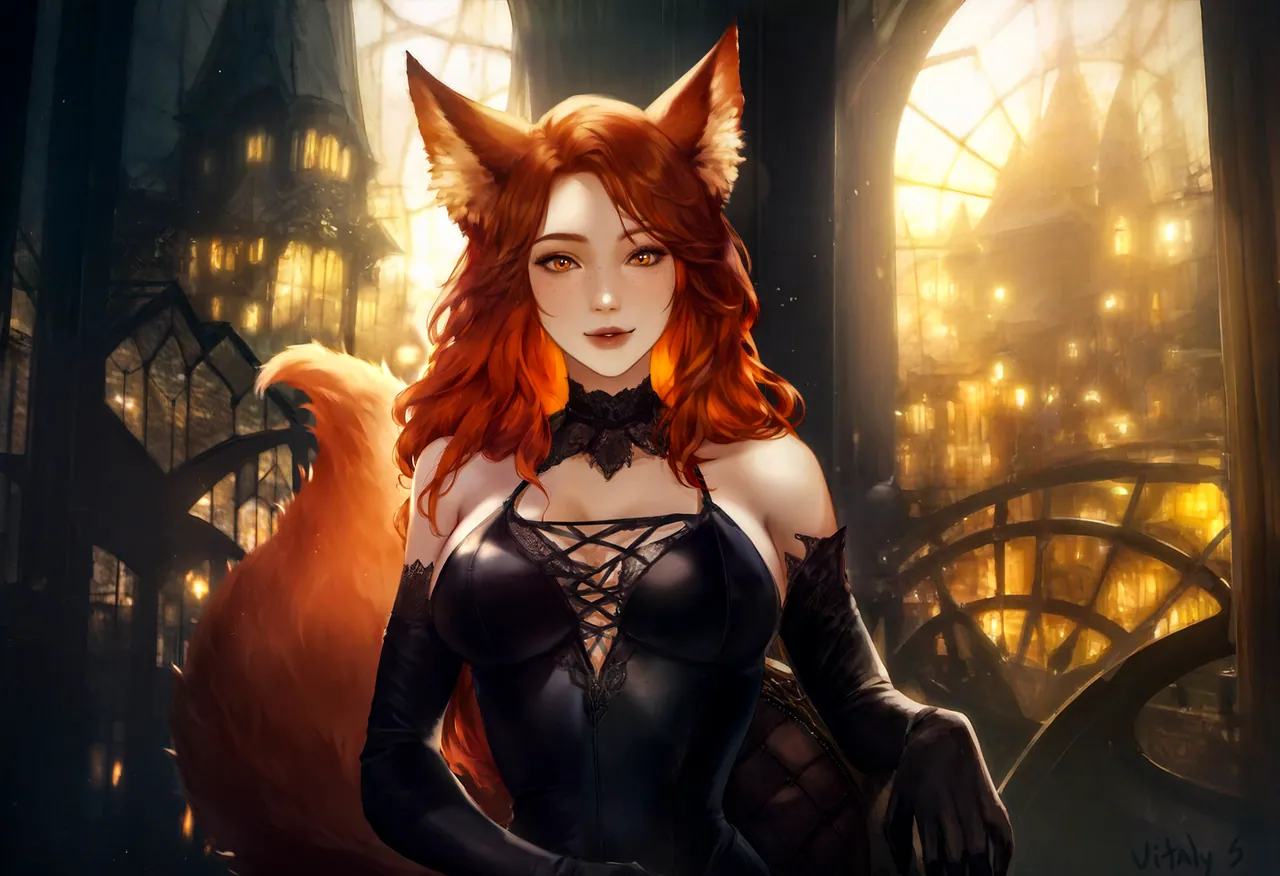 Ciaori Sestii, a fox-girl merchant, sits in a dim room with a golden city view.