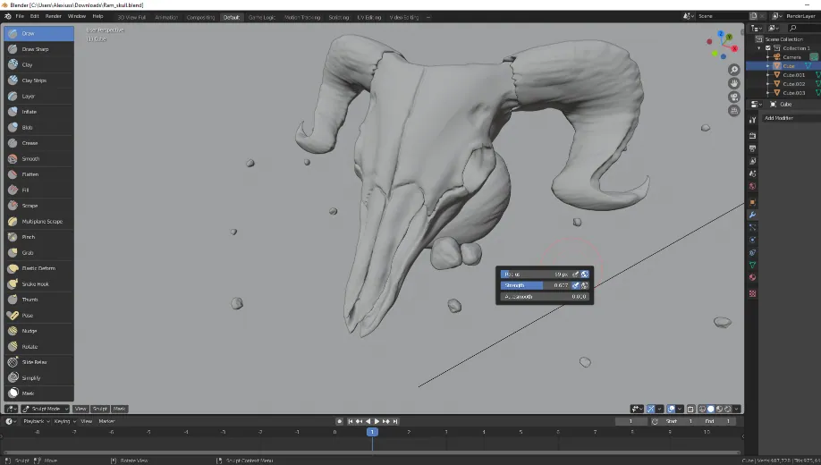 A grey 3D model of a ram skull with large curved horns in Blender software.