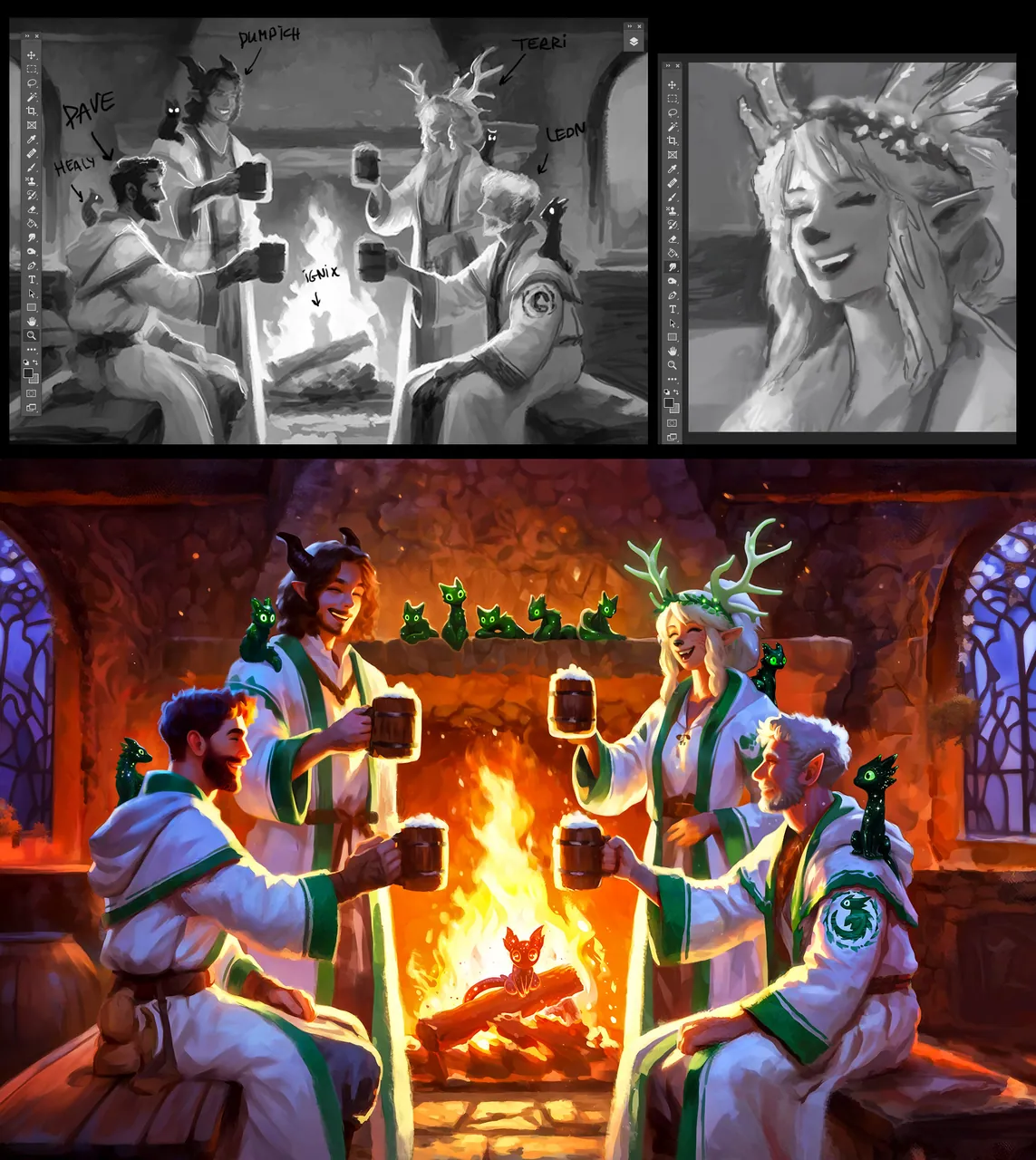 Pave, Dumpich, Terri, and Leon toast by a fire with Ignix and green cat-dragons.