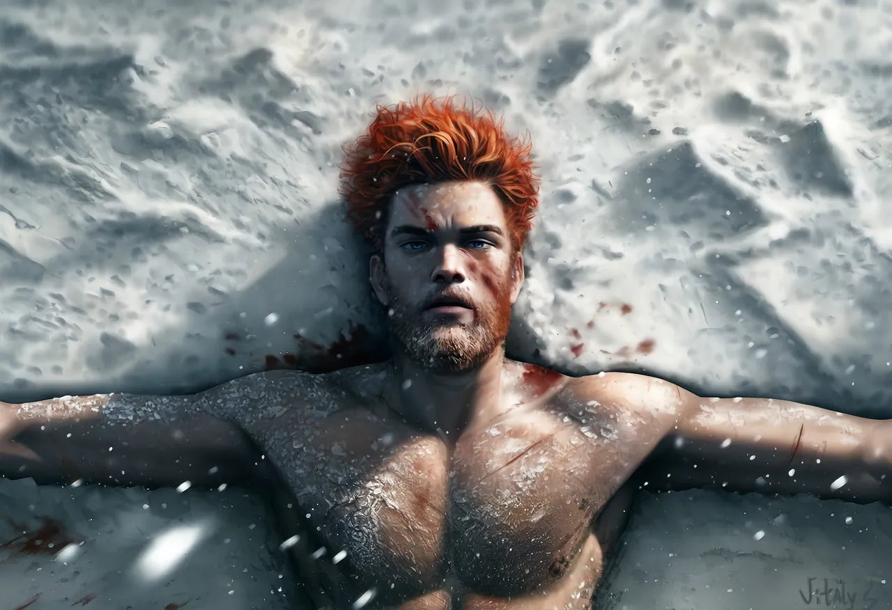 Dave lies shirtless and bloody in the snow, arms spread wide, staring up.