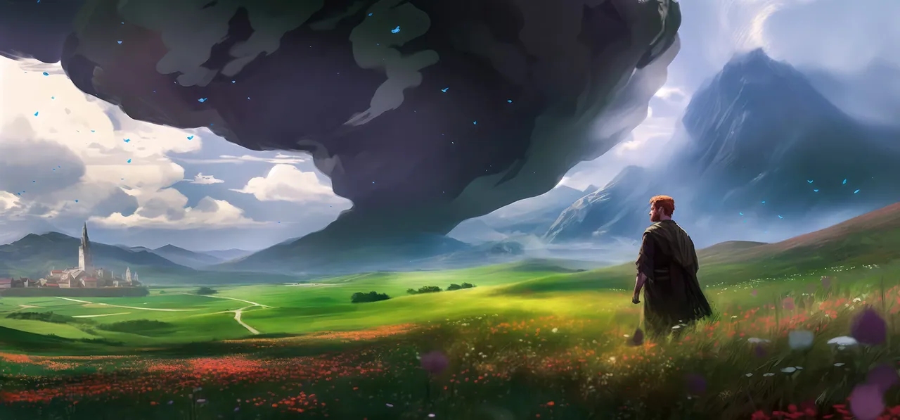 Dave stands in a green field looking at a distant village under a massive dark cloud.