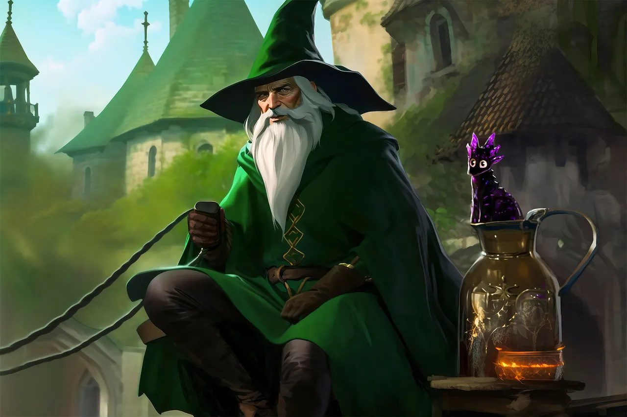 Murdoc, an elderly wizard in green robes, sits holding reins with a purple Kitlix nearby.