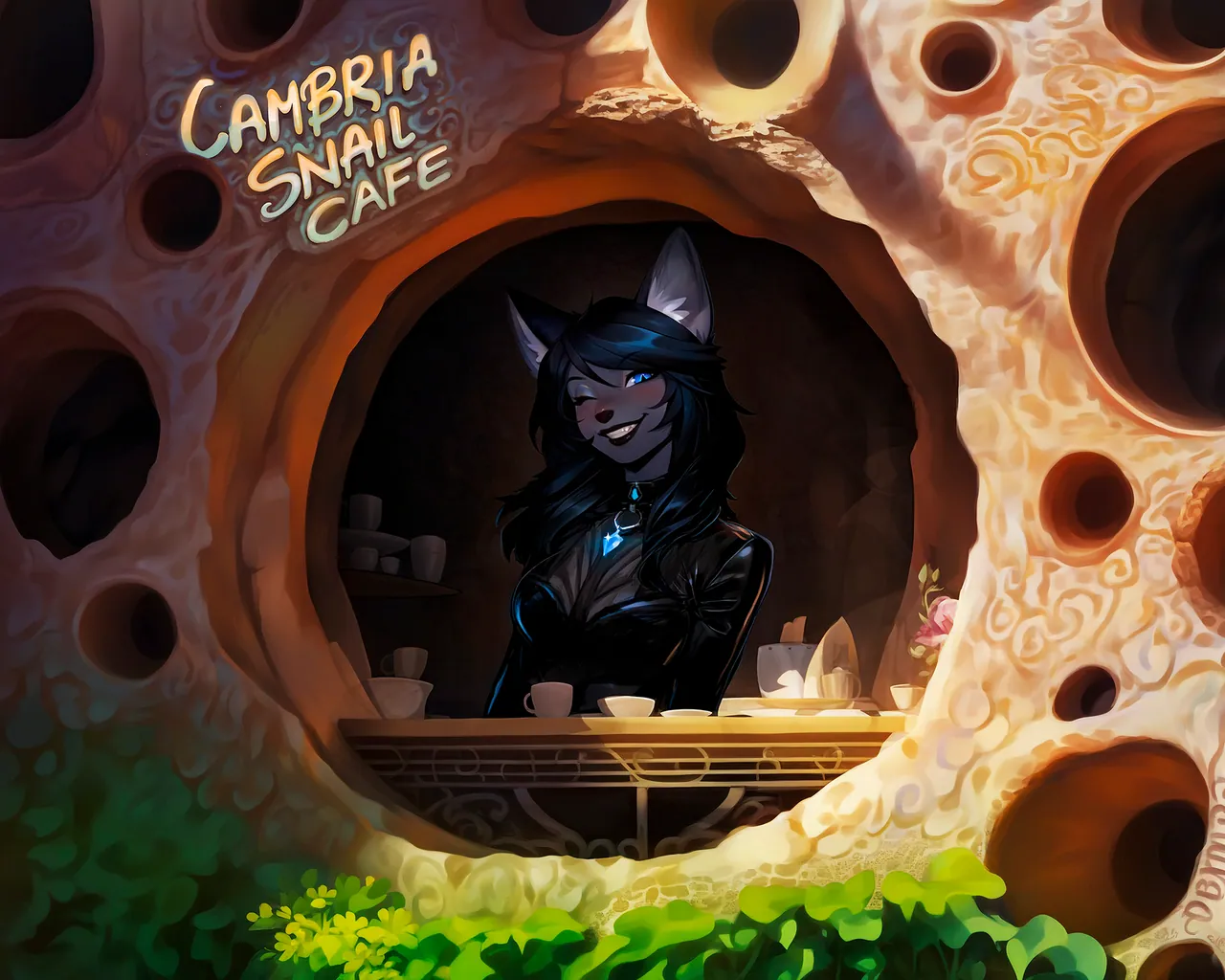 Cedez Astra, a dark-furred foxgirl, winks from behind the counter of the Cambria Snail Cafe.