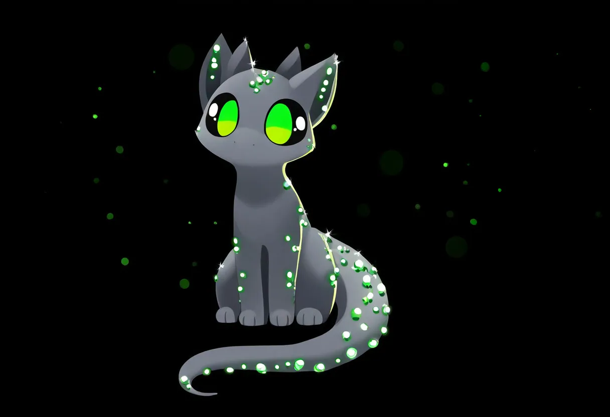 A gray crystalline cat-like creature with glowing green eyes and gems sits against a black background.