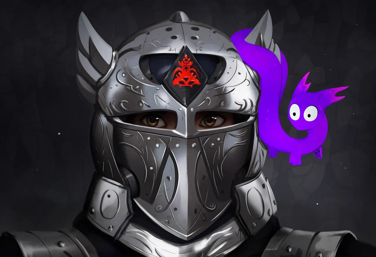 Dave in ornate silver helmet with a glowing red gem, accompanied by a purple Kitlix.