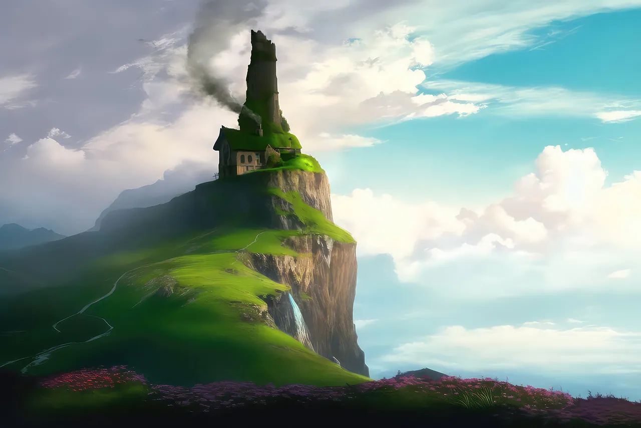A tall, grassy cliff with a ruined lighthouse and cottage at its peak, smoke rising.