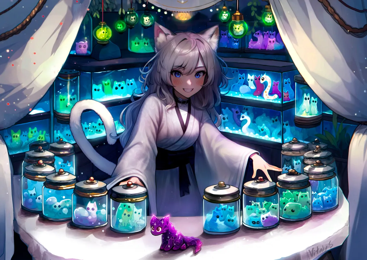 A catgirl merchant in a white robe stands behind a counter of glass jars filled with glowing Kitlix.