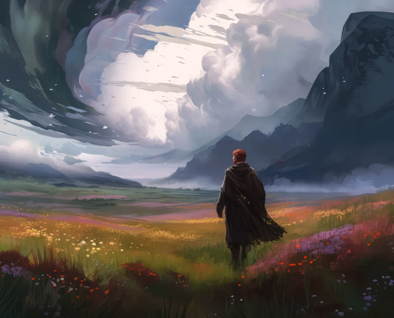Dave stands in a colorful field facing mountains under a swirling, stormy sky.