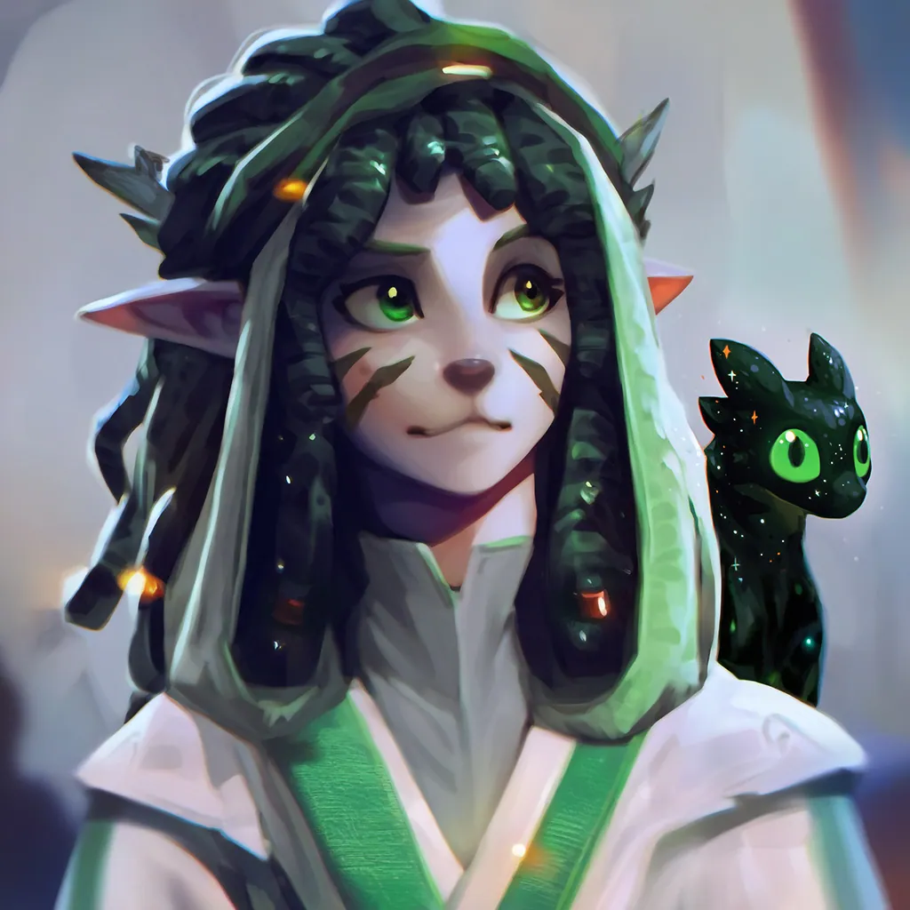 Terri Gootali with vine-hair and green eyes, accompanied by a dark starry Kitlix.