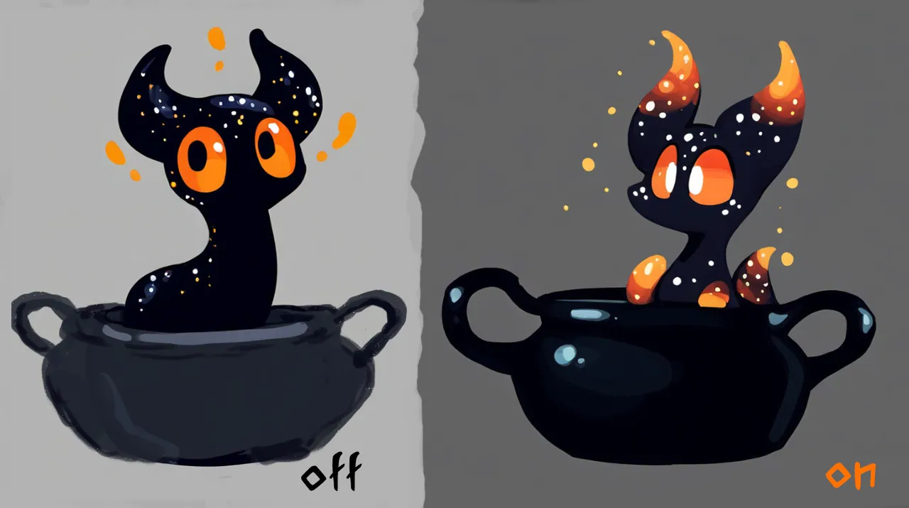 Two panels show a small black starry creature with orange eyes in a pot, labeled off and on.