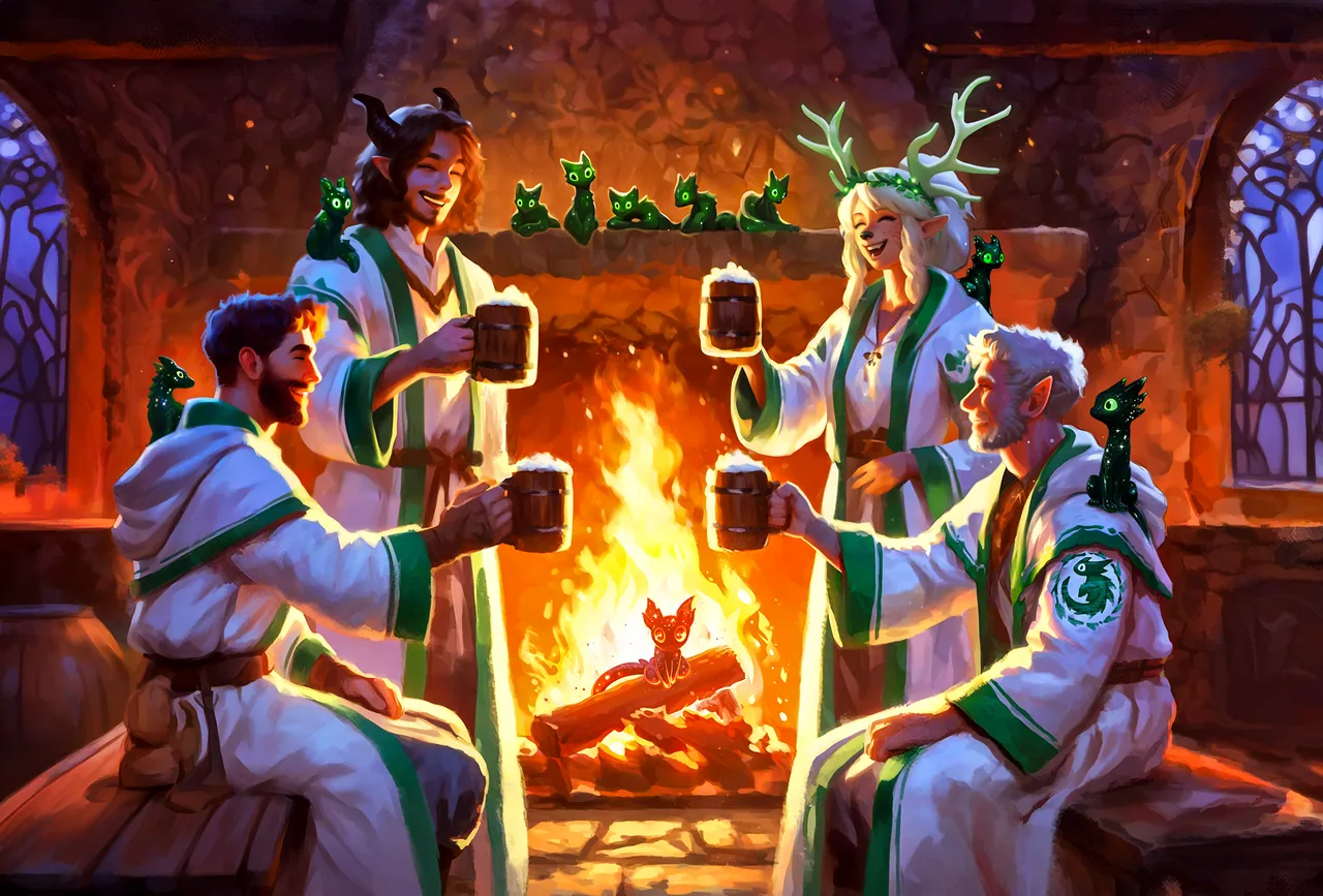 Dave, Terri, Dumpich, and Murdoc toast with mead mugs around a fireplace in the Healers Hall.