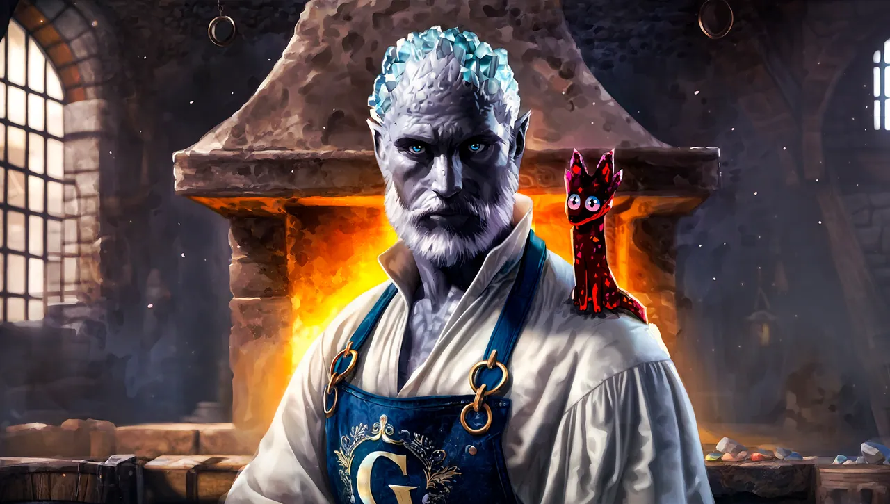 Garret, a stone-skinned smith with crystal hair, stands before a forge with a red crystalline creature on his shoulder.