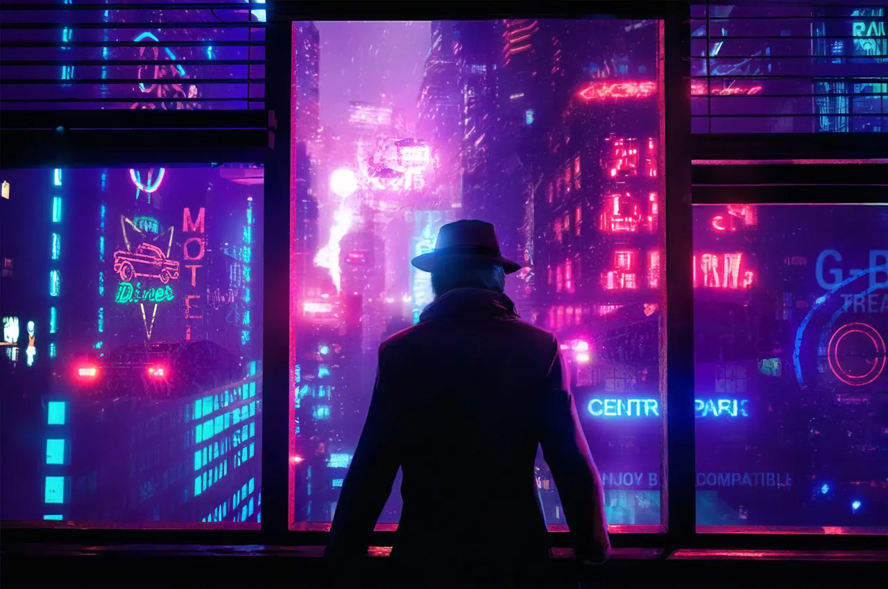 Sherlock stands in silhouette at a window overlooking a rainy neon city.