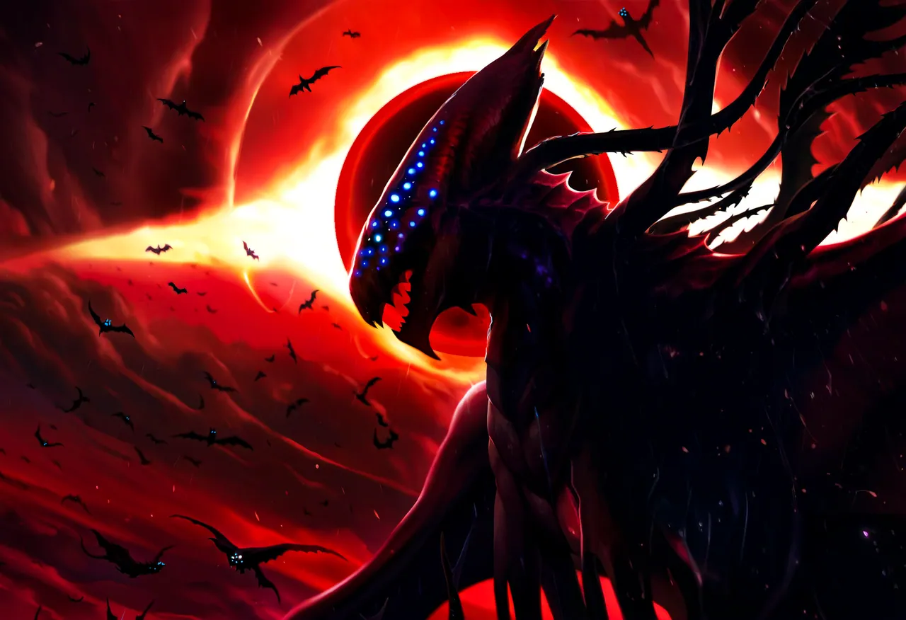 A colossal dark entity with glowing blue eyes looms against a red solar eclipse sky.