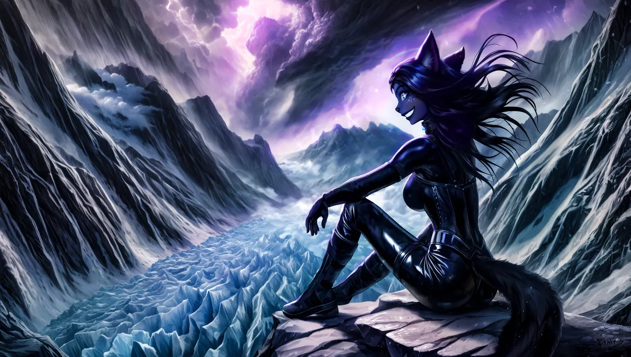 Cedez Astra sits on a rocky precipice overlooking a jagged, icy canyon under a purple storm sky.