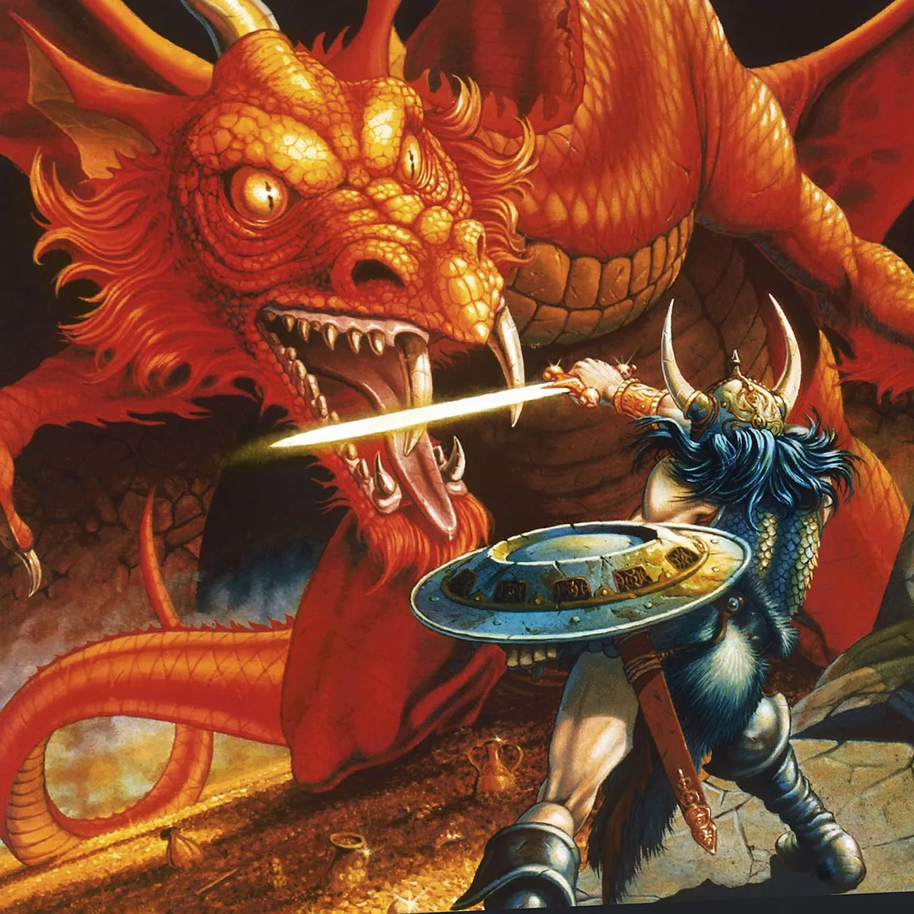 A horned warrior thrusts a glowing sword into a giant red dragon's open maw.
